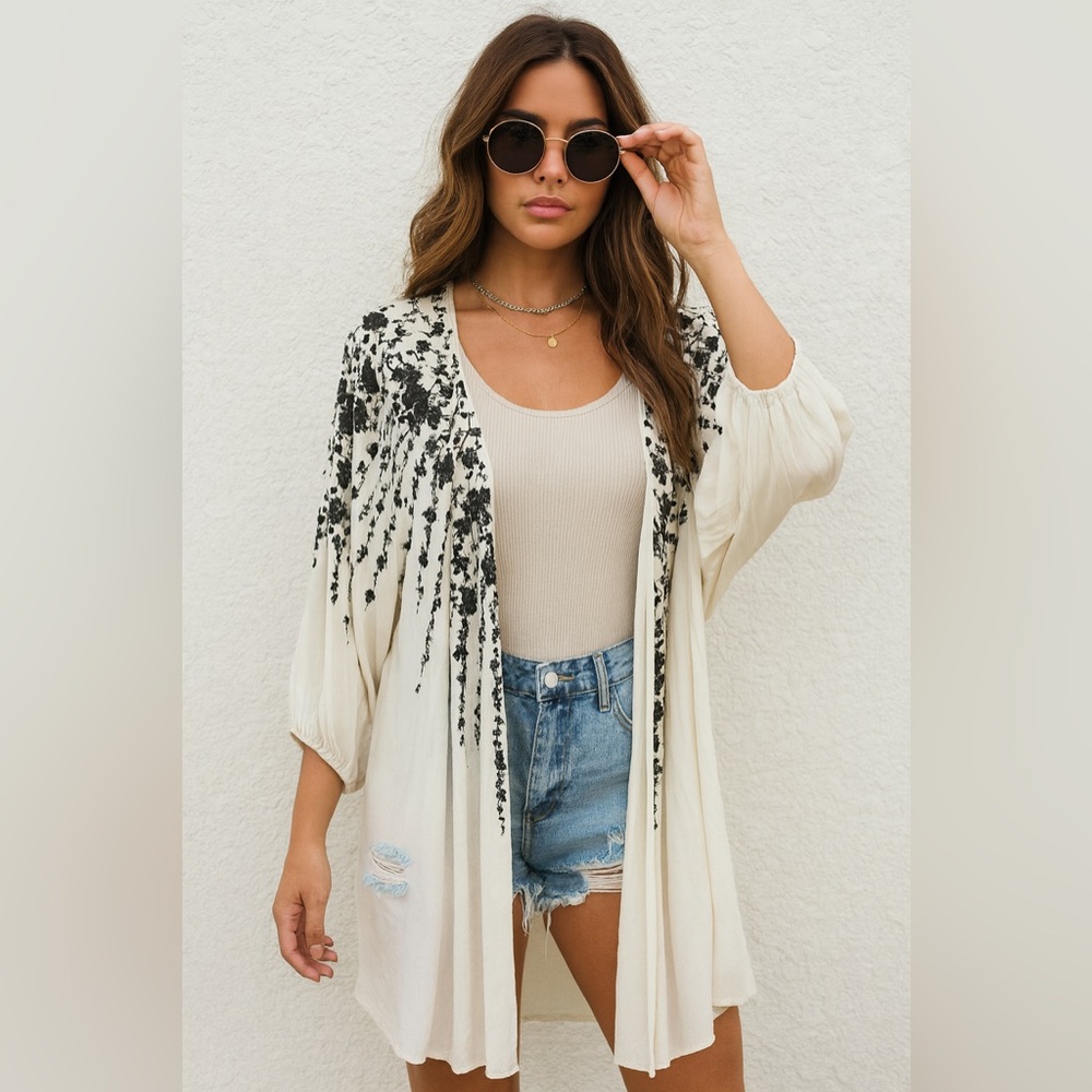 Free People One Cream/ Black Open‎ Front Duster Sz. ML